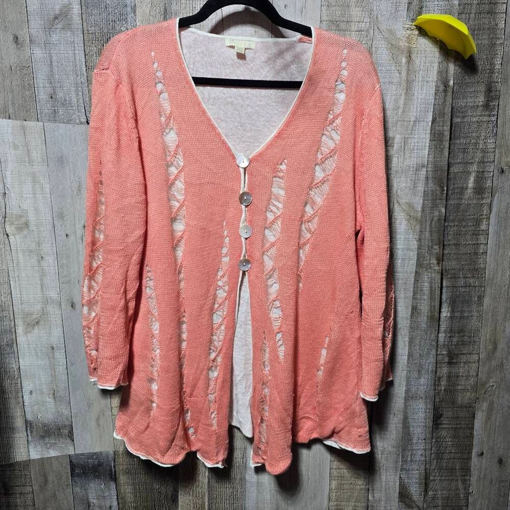 Carson Peach Linen Distressed Knit Cardigan Sweater XL Coastal Oversized Destroy